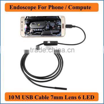 Waterproof USB Endoscope for mobile phone and compute PC laptop 10M Cable 7mm Focus Camera Lens 6 LEDs Nght Vision 1/6 CMOS