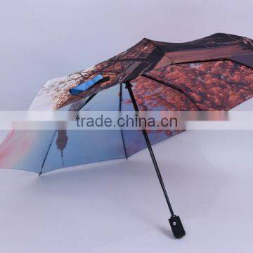 Automatic open 3 folding umbrella surface printing pictures straight rod umbrella