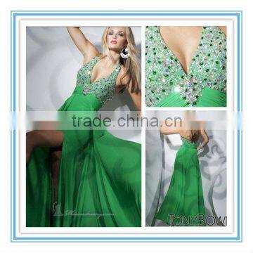 Green Halter Chiffon High Slit Big Bust Evening Dress(EVFA-1032)