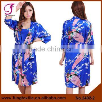 2402 New Women Peacock Pattern Two-piece Set Satin Bath Robe photo-4