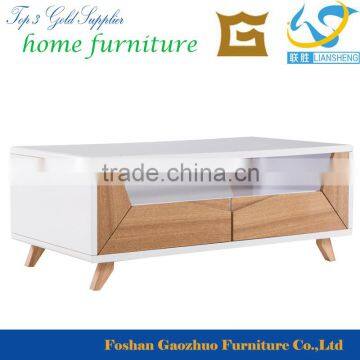 2016 Foshan nordic style solid wood white high gloss coffee table with two darwers