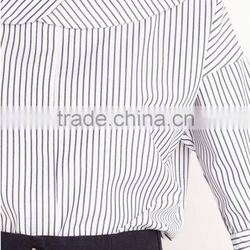 Women's Bell Sleeve Stripe Pattern Round Neck Pleated Blouse photo-5