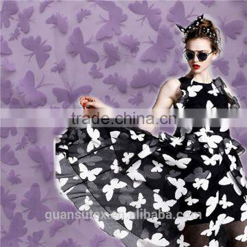 Top Fashion Butterfly Pattern Organza Lilac Burn Out Lace Fabric for Lady's Dress