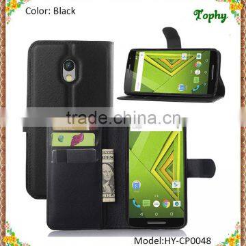 Black PU Leather + PC Litchi Pattern Wallet Card Stand Cover Holster Phone Sets Magnetic Flip Case For Motorola X Play