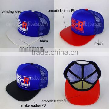 fashion design 5 panel mesh trucker hat leather with custom printing logo wholesale trucker caps in high quality