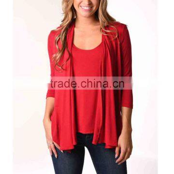 OEM Women Fashion Long Sleeve Red Layered Cardigan without Hooded Open-Front Cardigan without Buttons Plain Dyed Cotton Cardigan