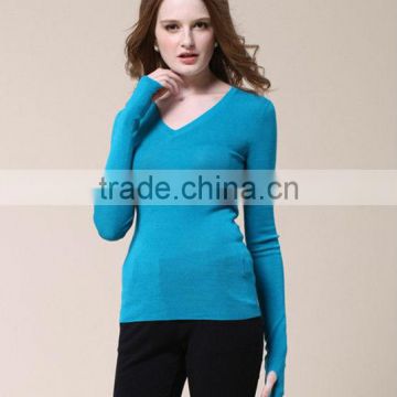 OEM ladies fashion long sleeve V-neck solid woolen woman pullover sweater