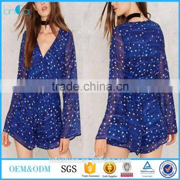 2017 Lancai fashion clothing new style long sleeve blue chiffon women romper custom star print playsuit