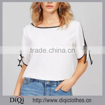 Wholesale Fashion Design Round Neck Tie Sleeve Women Chiffon Blouse