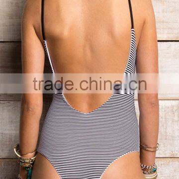 Ladies Black and White Stripe and Side Black Strap One-piece Swimwear photo-2