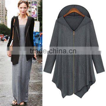 Cotton Trench Coat Women Autumn Winter Hoodied Overcoat Female Zipper irregularity Cardigans Grey Black Color Plus Size