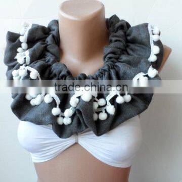 Scarf,Gray Loop Scarf, Ruffle Scarf, Gray Infinity Scarf, Circle, Gray Pashmina,Christmas Scarfs, Pompom Scarf, Fashion,cowl Sca photo-4