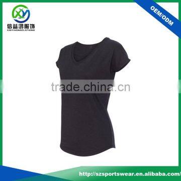 New Design 92%Polyester 8%Spandex V-neck Women Sport T Shirt With Curve Bottom photo-4