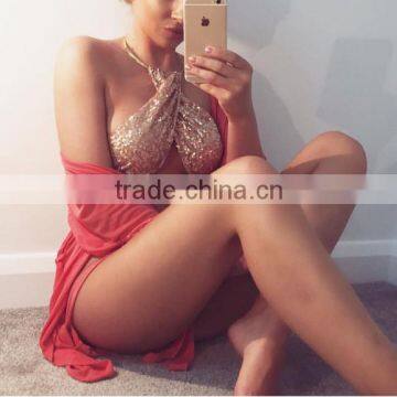 B22029A Europe Sexy Ladies Sequin Swimwear Fashion Halter Swimwear