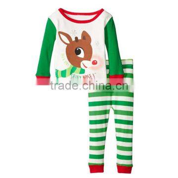 Plus size soft cotton kids clothing reindeer printed infant christmas striped pajamas