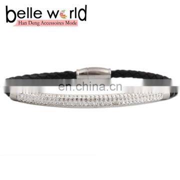 Fashion Leather Braid Titanium Steel Bracelet With Rhinestone photo-2