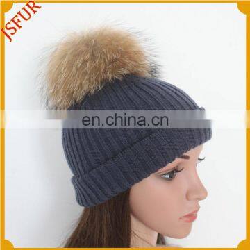 Jsfur Wholesale Knitted Hat With Detachable Top Fur Ball