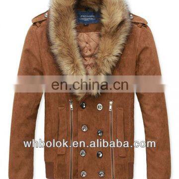 Korean style man big fur collar quilted brown suede coat