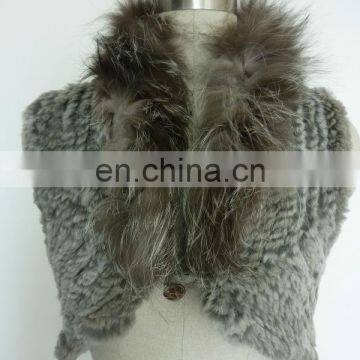 new fashion rex rabbit fur knitting vest with natural raccoon fur collar