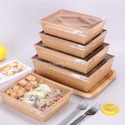 900ml Custom Printed Disposable take away kraft paper food container/box with PET lids for salad, sushi,french fries