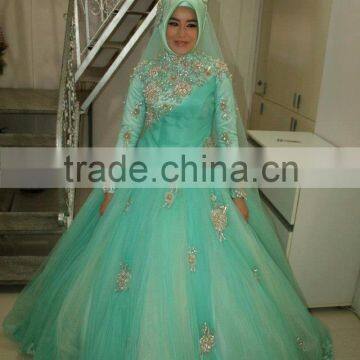 Hot Sale Beautiful Mint Green Hijab Wedding Dress Long Sleeve Saudi Arabian Wedding Dress With Lace Applique