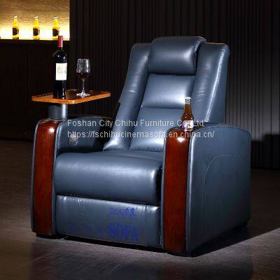 Modern Style Real Leather Home Theater OKIN Motor Cinema Recliner Sofa With Power Headrest and Oak Tray Table