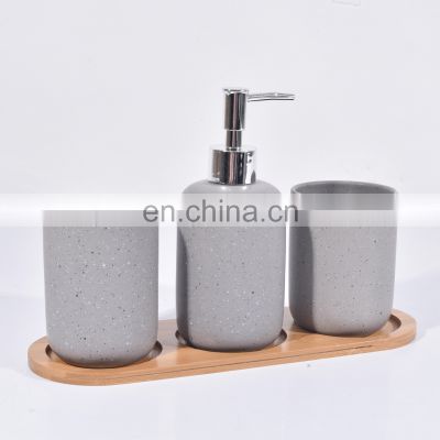 New design bamboo material gift box wholesale hotel ceramic gray bathroom accessory wash set with tray