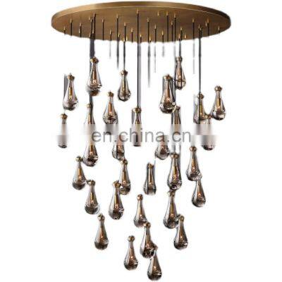 Modern Staircase Glass Pendant Water Drop Light LED Crystal Raindrop Chandelier For Long Lamp