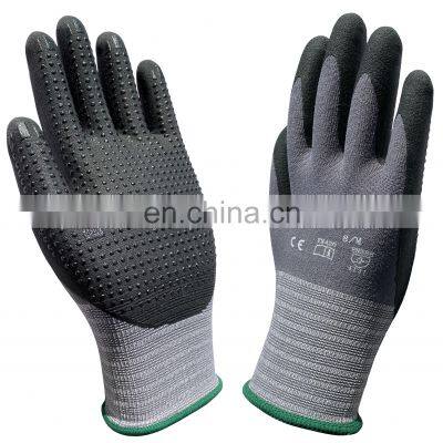 15 Gauge Gray Nylon Spandex Lining Black Nitrile Foam Dots Work Gloves