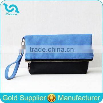 Ladies Latest Design Clutch Purses Blue Suede Leather Zipper Clutch Wristlet Bag