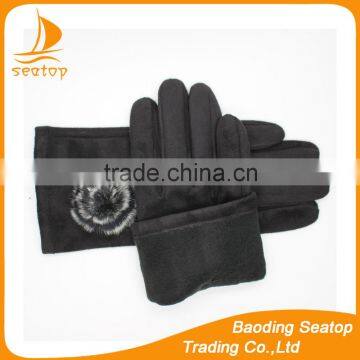 Women Classic Black Faux Suede Gloves With Rabbit Fur Ball
