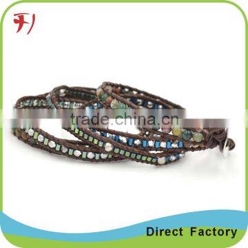 Blue Turquiose And Glow Glitterings 5 Wrap On Dark Blue Real Leather Bracelet photo-4