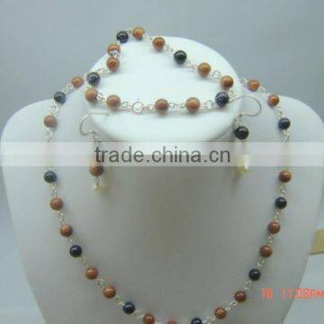 Hot seller necklace brown gold stone with black agate round beads necklace jewelry