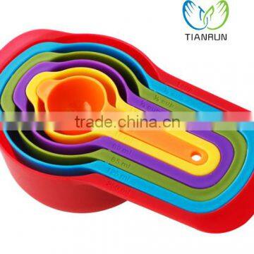 NEW 6pcs COLOURFUL Eco-Friendly PLASTIC MEASURING SPOONS & CUPS RAINBOW MULTI COLOURED FLAT