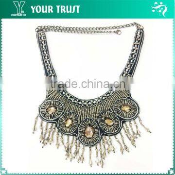 Silver Metallic Gray Beaded Amber Oval Stone Embroidery Neckline