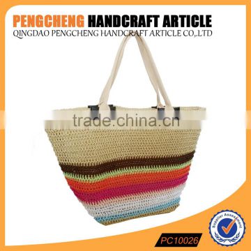 Trapezoidal tote paper straw beach bag brown and orange color women stripe crochet handbag