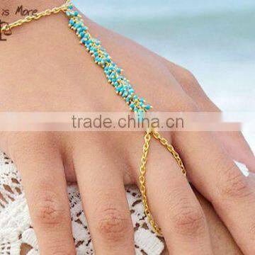 handmade Turquoise gold hand chain bracelet with ring