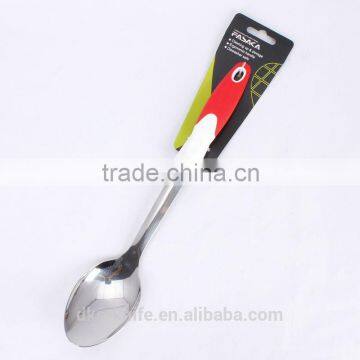 TSY003-SS Stainless Steel Solid Spoon with White PP and Red TPR handle Mirror Finished Kitchen Tool