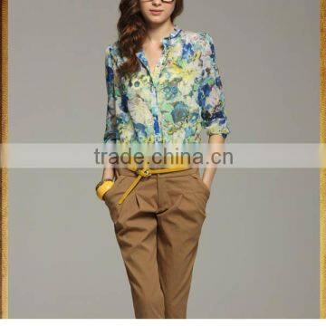 2015 Retro Floral Print Chiffon Shirt Blouse for Women QL1312