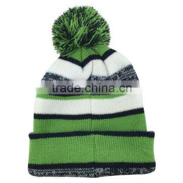 Factory bulk sale striped jacquard puffball winter hat with pompom