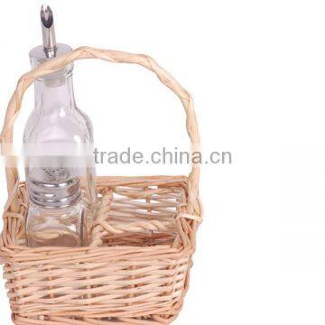 clear glass oil bottle with willow basket