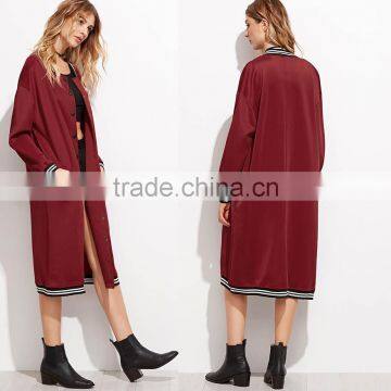 OEM Custom Bulk Buy Casual Clothes Burgundy Varsity Stripe Longline Baseball Coat Women Winter Long Jacket Coat