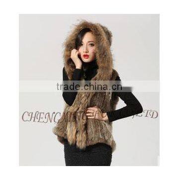 CX-G-B-216 New Style Short Raccoon Fur Trim Knitted Rabbit Fur Coat Hood photo-6