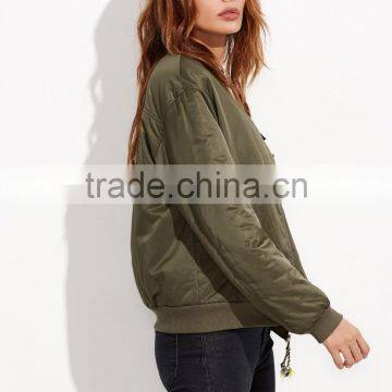 Olive Green Patch Bomber Jacket Wholesale Custom 100% Polyester Lovely Pins Ribbed Trim Satin Winter Jacket photo-5