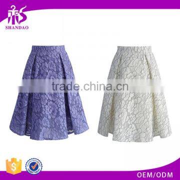 2016 Guangzhou Shandao New Fashion Design Summer Party Wear Women Ruffle A Line High Waist Knee Length Purple Lace Skirt