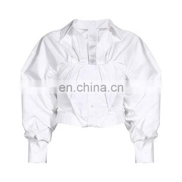 TWOTWINSTYLE Ruched White Blouse For Women Lapel Lantern Sleeve Side Split Casual Short Tops