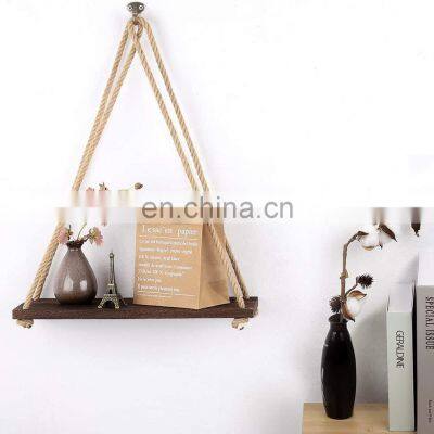 Set of 4 Rustic Triangle Hanging Swing Rope Wood Floating Wall Shelves Wooden Wall Shelf photo-5