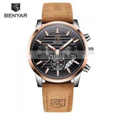 Benyar BY-5104M Personalized Man Quartz Wrist Watches Chronograph Calendar Luxury Leather Men Watch Manufacturer photo-3