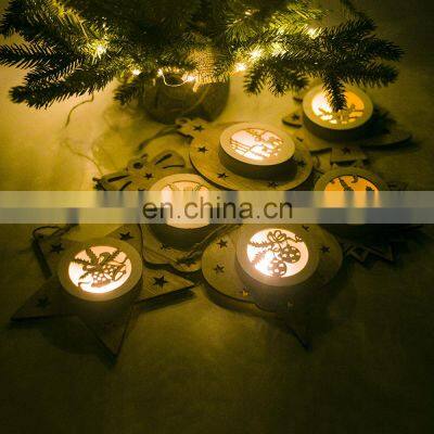LED Light Christmas Tree Star Bell Wooden Pendants Ornaments Xmas Wood Crafts Kids Gift for Home Christmas Party Decorations