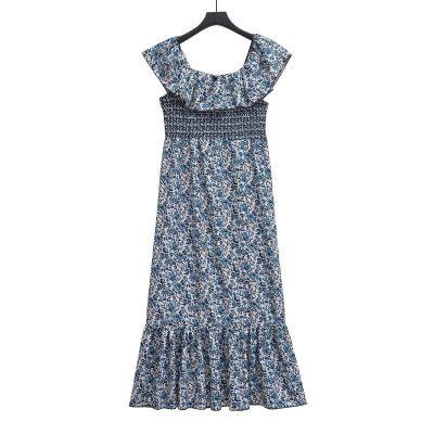 Spring new women's slim fit one neck high waisted off shoulder printed dress